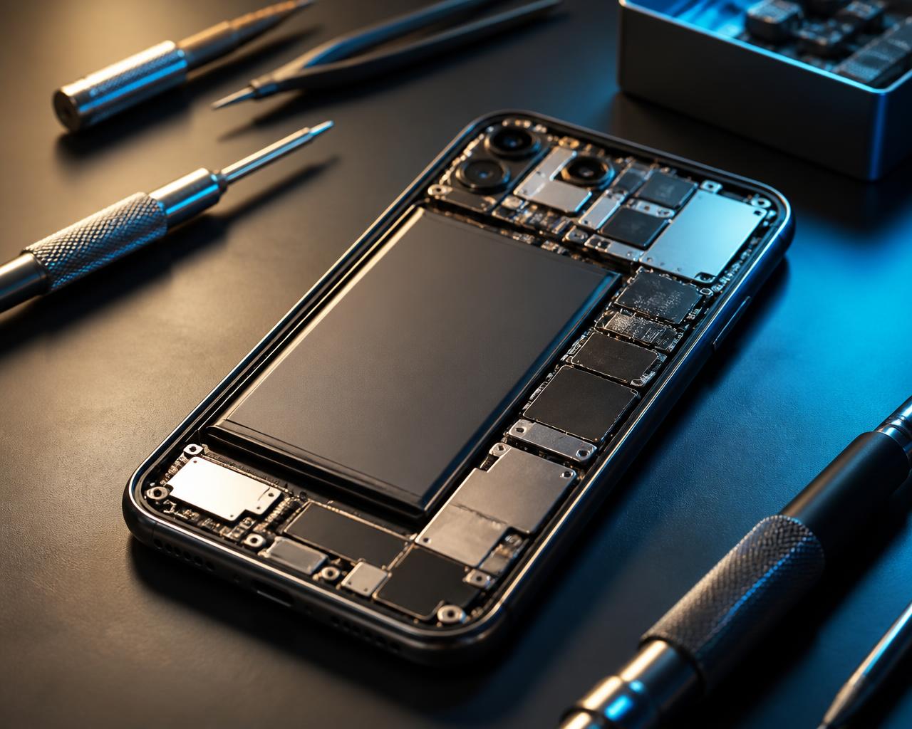 Smartphone ouvert montrant sa batterie et ses composants internes