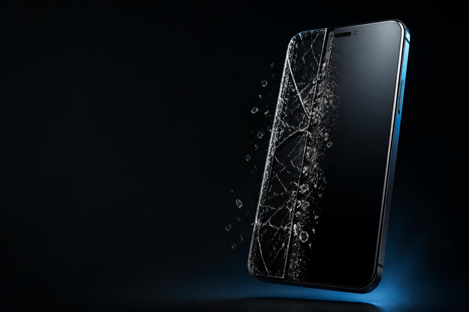 Smartphone sombre dont l’écran fissuré se transforme visuellement en surface réparée