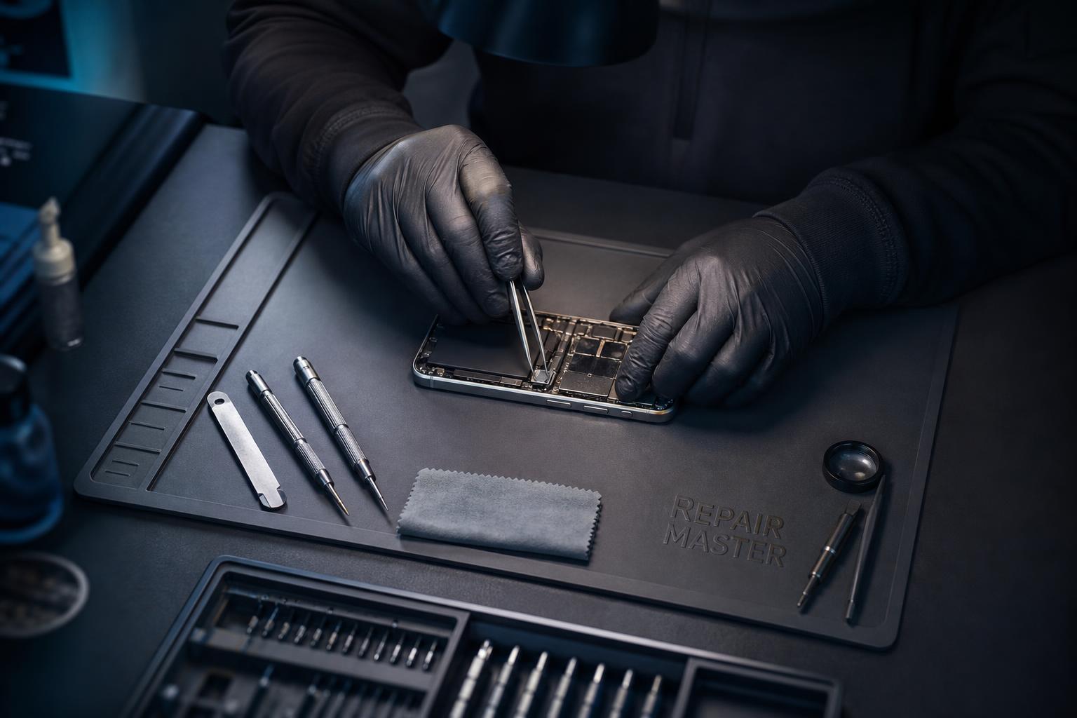 Univers visuel Repair Master : réparation précise sur un établi professionnel